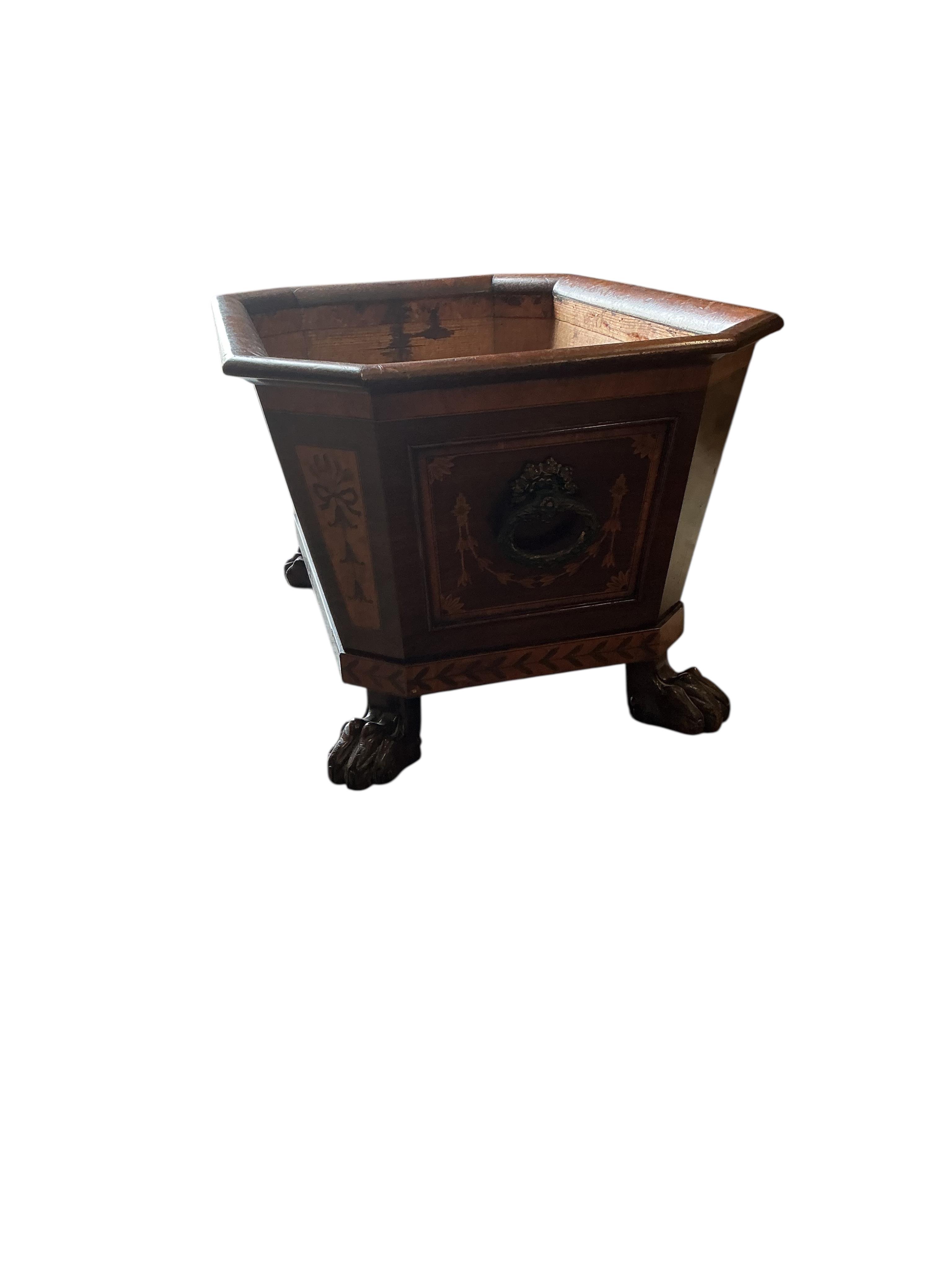 A George III and later marquetry inlaid mahogany wine cooler, lacks liner, width 77cm, depth 50cm, height 40cm